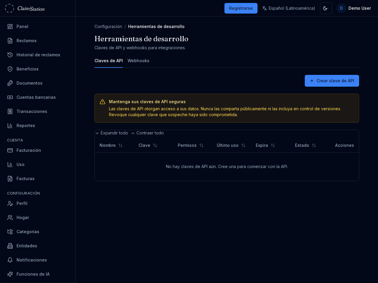 ClaimStation Settings Dev Tools API Keys